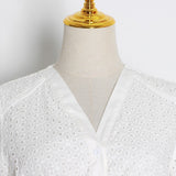 Women Dresses V-neck Lantern Sleeve Single Row Embroidery Hollow Dress (Qymy0409)