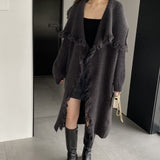 Women Cardigan Sweater Lapel Tassel Thick Coat Autumn and Winter Loose-Fitting Long Sleeve Sweater W2360