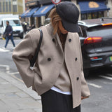 Women Trench Coat Autumn Winter Retro Brown Woolen Coat Women's V-neck
