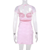 Women Dresses Sexy Lace Short Sleeve Hollow out Mini Dress