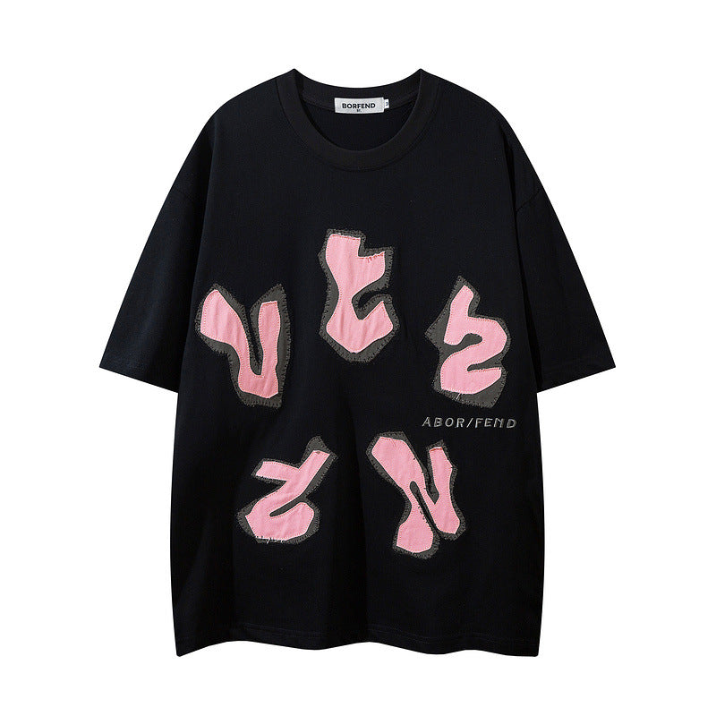 Men T Shirt Spring/Summer Letters Contrast Color Affixed Cloth Embroidered Short Sleeve T-shirt