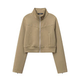 Women Jacket Decorative Rivets Zip Short Jacket Stand-up Collar Cardigan Coat