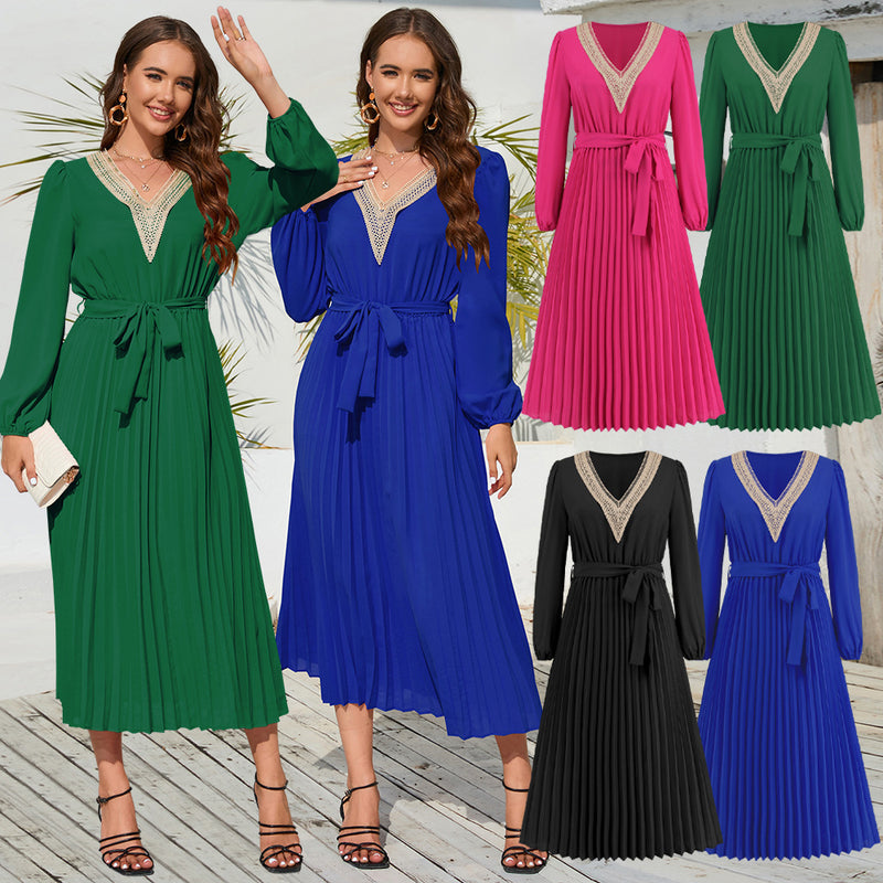 Women Date Dress Autumn and Winter V-neck Lace Pleated Lace-up Long Dress