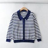 Women Sweater Knitwear Polo Collar Striped Knitted Cardigan Single-Breasted Sweater Coat