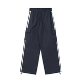 Men Sweatpants Multi-Pocket Workwear Sports Casual Pants Boys Loose Side Patchwork Stripes Straight-Leg Trousers