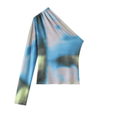 Women Tops Summer One-Shoulder Tie-Dye Top off-the-Shoulder Short T-shirt