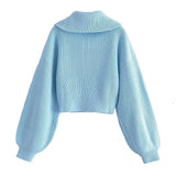 Women Sweater Knitwear Fall and Winter Lapels Zip Sweater Coat