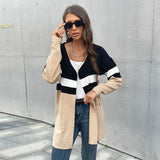 Women Knitted Sweater Autumn and Winter Leisure Contrast Color Long Sleeves Sweater Cardigan Coat