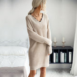 Women Knitted Sweater V-neck Solid Color Long Sleeve Lace Stitching Woolen Skirt