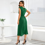 Women Date Dress Summer V-neck Pleated Sleeveless Waist Dress