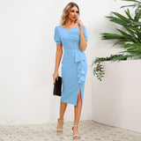 Women Date Dress round Neck Pleated Lace Dress