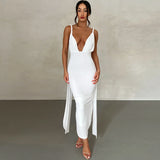 Women Dresses Summer Sexy Deep V-neck Backless Fold Split Dress