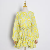 Women Dresses Spring Retro round-Neck Long-Sleeved Dress Short Skirt (Qymy0409)
