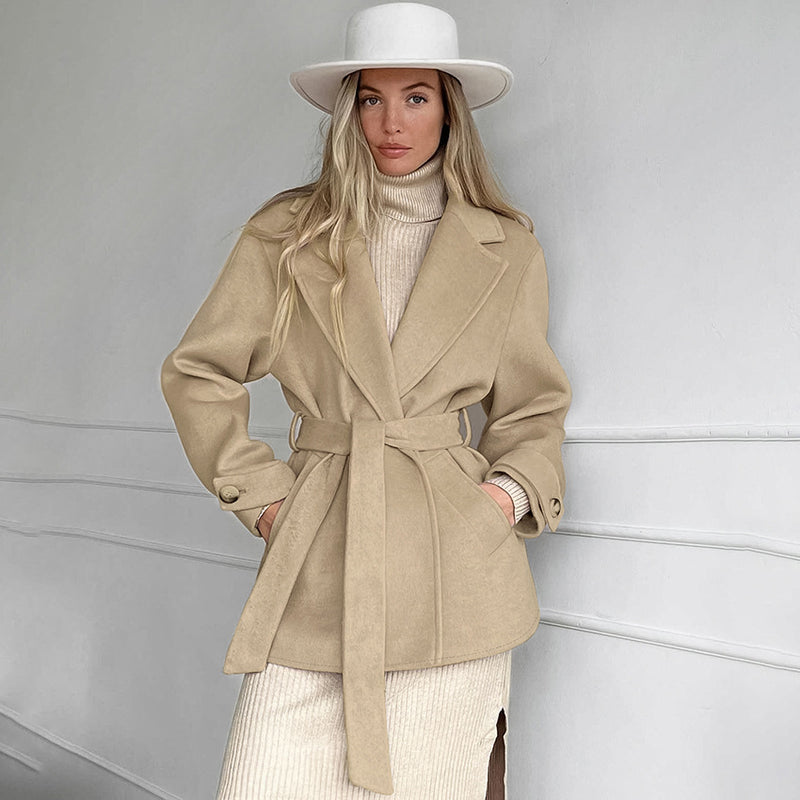 Women Trench Coat Retro Khaki Woolen Suit Collar Trench Coat Coat Casual Loose