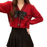 Women Knitwear Spring and Autumn Red V-neck Sweater Cardigan Knitted Cardigan