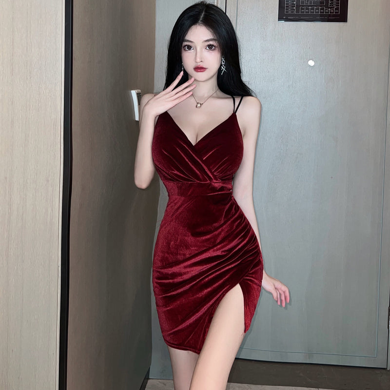 Women Maxi Dress Autumn Winter Sexy Backless Gold Velvet Split Sling Dress