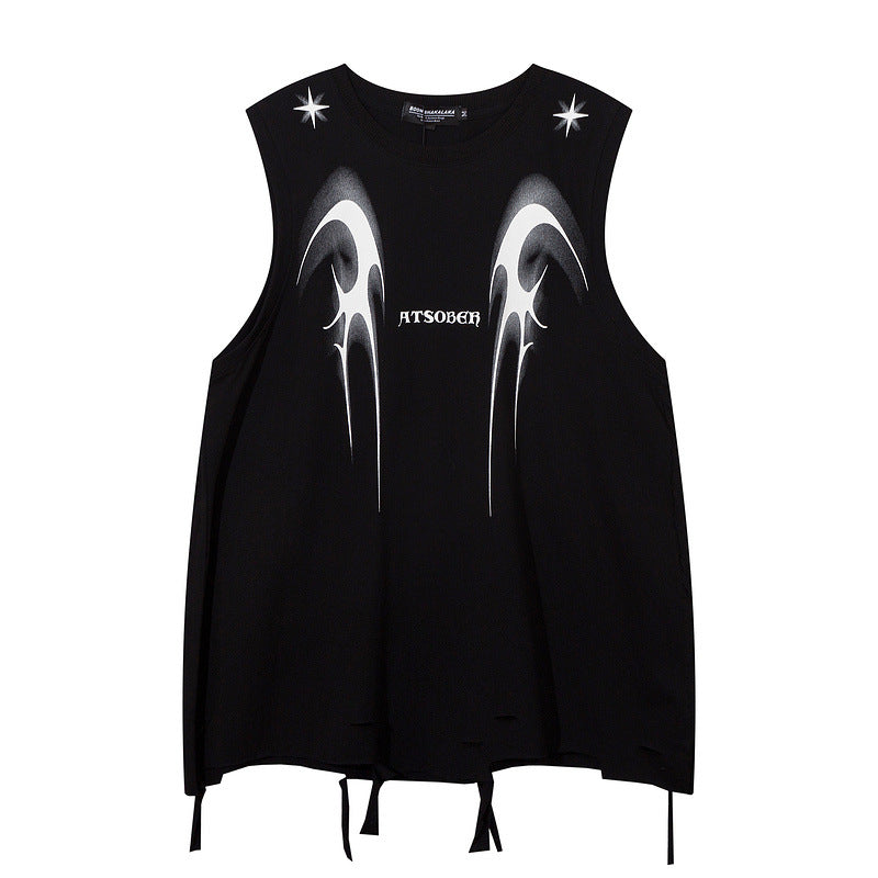 Men Vest Graffiti Hole Vest Men and Women Hip Hop Style Loose Sleeveless T-shirt