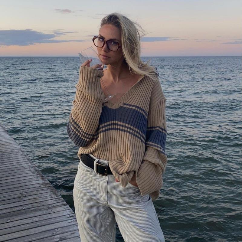 Women Knitted Sweater Spring and Autumn Long Sleeve Striped Sweater Top for Women