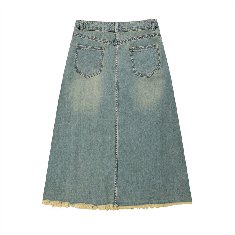 Women Long Skirt Denim Skirt Loose Washed-out A- line Skirt