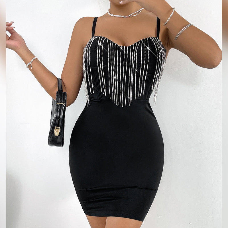 Women Dresses Sexy Tassel Backless Sling Dress Hip Skirt (Cy0417)