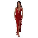 Women Dresses Summer Slim Fit Slit Long Dress Ruffled Dress