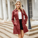 Red Leather Jacket Spring and Autumn Long Sleeve Leather Wind Coat