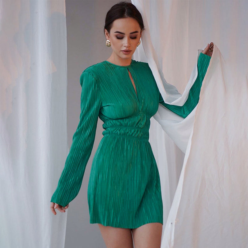Women Dress Autumn and Winter Green Pleated Dress