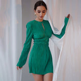 Women Dress Autumn and Winter Green Pleated Dress