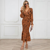 Women Date Dress Long Dress Leopard Print V-neck Belt Printed Fishtail Skirt
