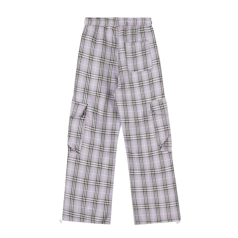 Men Sweatpants Plaid Casual Working Pants Loose Pockets Wide-Leg Straight Trousers