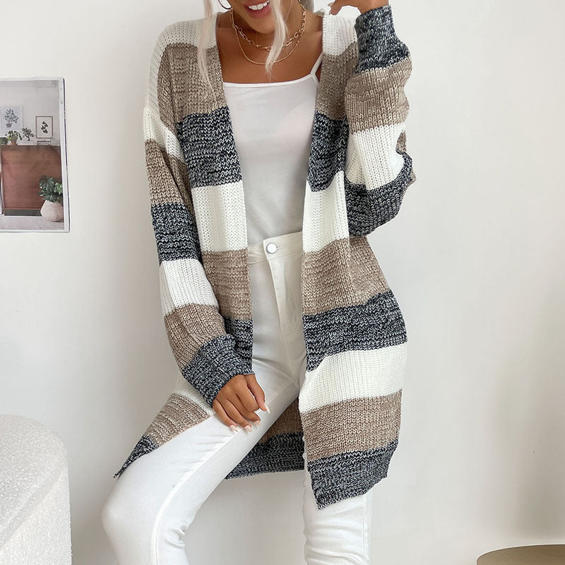 Women Knitted Sweater Autumn and Winter Button-Free Colorblock Sweater Coat