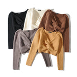 Women Sweater Knitwear Midriff-Baring Top V-neck Cross Kinked Long Sleeve Knitted Sweater