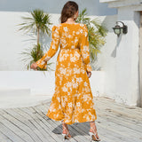 Women Date Dress Autumn and Winter Leisure Floral Print Long Sleeve Lace up Casual Dress Maxi Dress