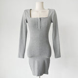 Women Dresses Square Collar Long Sleeve Dress Sexy Skirt