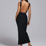 Women's Wedding Dress Long Black Sexy Cross Backless Bandage Dress