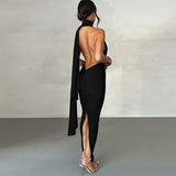 Women Dresses Summer Sexy Deep V-neck Backless Fold Split Dress