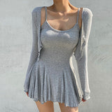 Women Dresses U-Neck Sling Pleated Dress Cardigan Button Long Sleeve Jacket Two-Piece Short Skirt