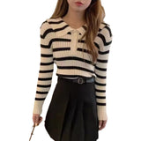 Women Knitwear Autumn and Winter Striped Lapel Knitwear Pullover Sweater