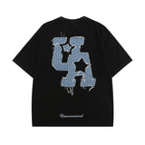 Men T Shirt Vintage Denim Stitching Embroidered Short Sleeve T-shirt