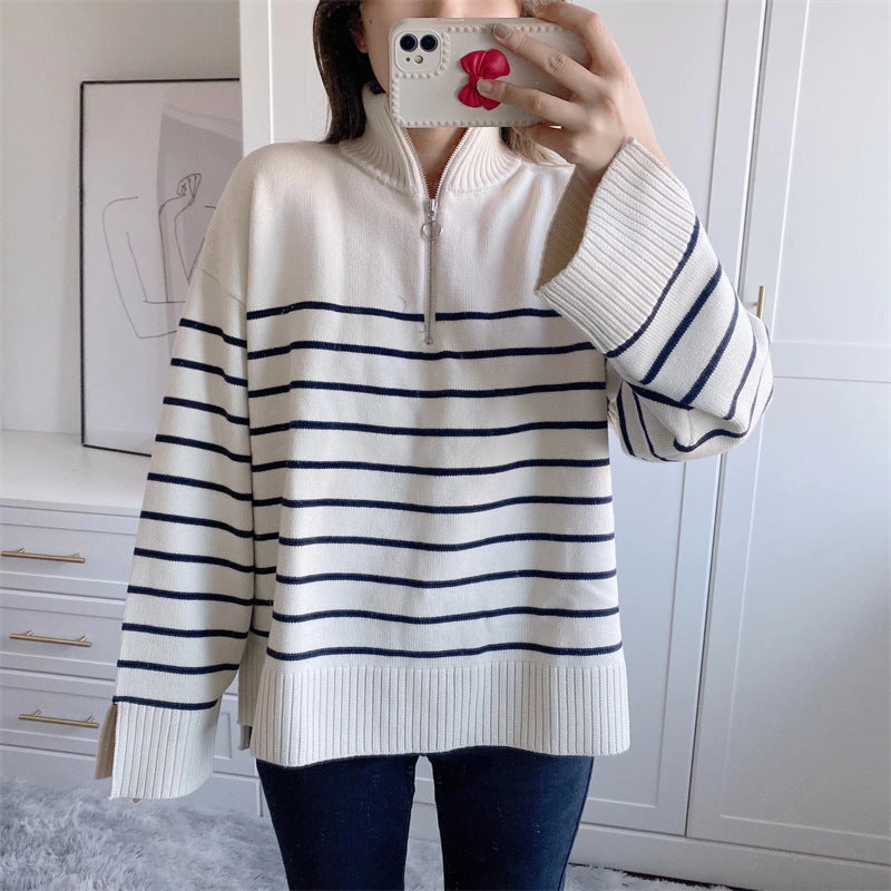 Women Sweater Knitwear Spring and Autumn Sweater Half Zip-up Turtleneck Loose Striped Knitted Sweater