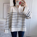 Women Sweater Knitwear Spring and Autumn Sweater Half Zip-up Turtleneck Loose Striped Knitted Sweater