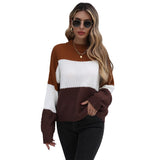 Women Knitted Sweater Autumn Brown Patchwork round Neck Long Sleeve Knitted Pullover Loose Sweater
