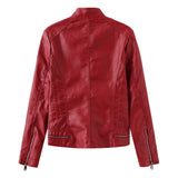 Red Leather Jacket Casual Leather Jacket Spring and Autumn Women's Leather Jacket Long Sleeve Zipped Stand Collar Coat