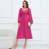 Women Date Dress Slim-Fit Long Sleeve V-neck Lace-up A- line Dress Lantern Sleeve Dress
