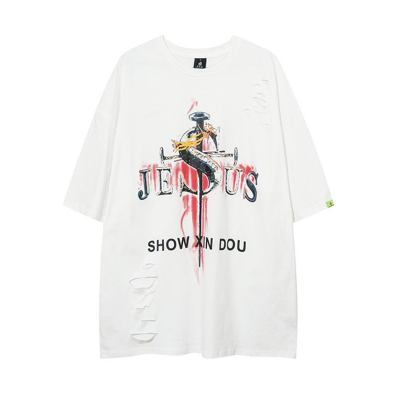 Men T Shirt Vintage Cross Washed and Worn Short Sleeve T-shirt