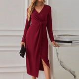 Women Dress V-neck Dress Sexy Slit Long Sleeve Dress