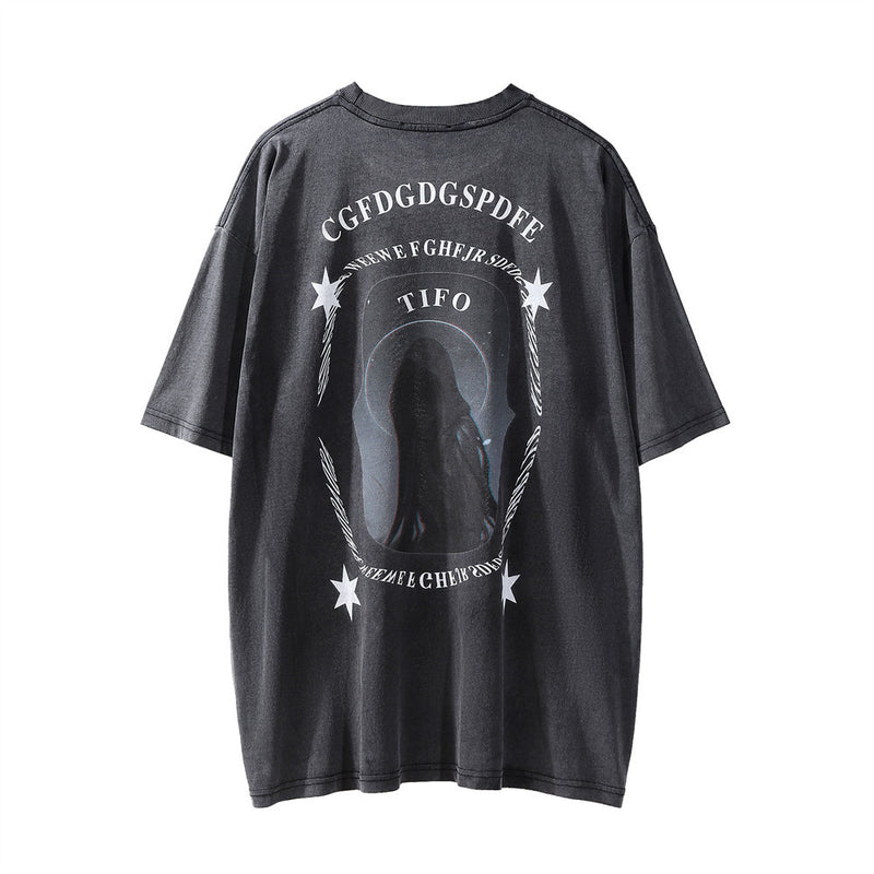 Men Vintage T-Shirt Figure Print T-shirt Men's Summer Washed Distressed Loose Half Sleeve T-shirt