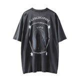 Men Vintage T-Shirt Figure Print T-shirt Men's Summer Washed Distressed Loose Half Sleeve T-shirt