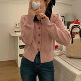 Women Knitted Cardigan Autumn and Winter Puff Sleeve Knitted Cardigan Single-Breasted Lapel Sweater Coat