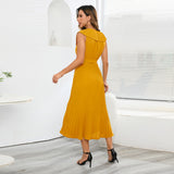 Women Date Dress Chiffon Pleated Dress Slim Fit Elegant Solid Color V-neck Dress